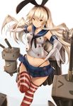  &gt;:) &gt;_&lt; :3 :d anchor anchor_hair_ornament bad_id bad_pixiv_id black_panties blonde_hair blue_skirt breasts brown_eyes buttons closed_eyes collarbone crop_top elbow_gloves gloves hair_ornament hairband highleg highleg_panties highres inaba_sunimi kantai_collection leg_up long_hair looking_at_viewer machinery medium_breasts miniskirt navel open_mouth panties pleated_skirt rensouhou-chan school_uniform serafuku shimakaze_(kantai_collection) skirt smile striped striped_legwear thighhighs torpedo turret underwear v-shaped_eyebrows white_gloves |_| 