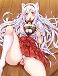  animal_ear_fluff animal_ears bell breasts bulbonne cat_ears cat_lingerie cat_tail cleavage cleavage_cutout covering covering_crotch hakama hakama_skirt japanese_clothes jingle_bell kantai_collection kneehighs large_breasts lying meme_attire miko miniskirt mouth_hold panties red_eyes red_hakama shoukaku_(kantai_collection) skirt solo spread_legs tail thighs underwear white_hair white_panties 