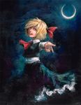  :d blonde_hair crescent_moon dark darkness frilled_skirt frills hair_ribbon johnalay lips moon oil_painting_(medium) open_mouth red_eyes ribbon rumia shirt short_hair skirt smile solo touhou traditional_media vest 