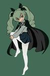  anchovy anzio_school_uniform bangs brown_eyes cape drill_hair girls_und_panzer green_hair hair_ribbon hands_on_own_knee knee_up miniskirt necktie no_shoes open_mouth otoufu pantyhose pleated_skirt ribbon shirt skirt smile solo twin_drills 