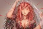  bare_shoulders breasts cleavage commentary_request crying crying_with_eyes_open emalfire feathers guilty_crown hair_ornament hairclip large_breasts looking_at_viewer open_mouth pink_hair red_eyes solo tears twintails veil yuzuriha_inori 