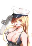  arm_at_side bare_shoulders blonde_hair blue_eyes breasts cleavage detached_sleeves elbow_gloves front-tie_top gloves hat highres iowa_(kantai_collection) kantai_collection large_breasts long_hair looking_at_viewer open_mouth peaked_cap solo star star-shaped_pupils symbol-shaped_pupils zemeth 
