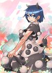  animal_ears black_dress blue_eyes blue_hair book cowboy_shot doremy_sweet dress dress_lift extra_ears looking_at_viewer multicolored multicolored_clothes multicolored_dress no_hat no_headwear open_book pom_pom_(clothes) short_hair short_sleeves signature solo tail tapir_ears tapir_tail touhou umigarasu_(kitsune1963) white_dress 