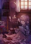  bad_id bad_pixiv_id bangs barefoot blanket blunt_bangs book book_stack bookshelf box chair cup dress eyepatch granblue_fantasy harvin hat hat_removed headwear_removed highres holding holding_book indoors long_hair long_sleeves lunalu_(granblue_fantasy) neck_ribbon notebook on_ground one_eye_covered pointy_ears purple_eyes purple_hair reading ribbon scroll solo uguisu_(pix-pix) wide_sleeves window wooden_floor wooden_wall 