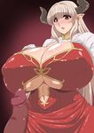  alicia_(granblue_fantasy) blush breasts censored cleavage curvy erect_nipples gigantic_breasts granblue_fantasy horns long_hair looking_at_viewer navel penis pointy_ears red_eyes silver_hair wide_hips yukimaru_(gojo) 