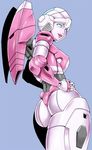  arcee ass autobot back blue_eyes breasts butt_crack from_behind glowing hands_on_hips kamizono_(spookyhouse) large_breasts lips looking_at_viewer looking_back machinery mecha no_humans open_mouth redesign smile solo transformers 