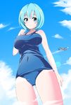  aircraft airplane aqua_hair arm_at_side bare_arms bare_legs bare_shoulders blue_eyes blue_hair blue_sky blue_swimsuit blush breasts cameltoe cloud covered_navel cowboy_shot day giantess highres large_breasts looking_at_viewer one-piece_swimsuit original outdoors plant school_swimsuit shima_yuri_ika short_hair skin_tight sky smile solo standing summer swimsuit 