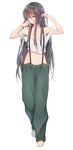  arms_up barefoot brown_eyes brown_hair cocoa_(cafe-hotcocoa) crop_top full_body groin hair_between_eyes long_hair looking_away md5_mismatch midriff navel off_shoulder open_mouth original simple_background solo suspenders very_long_hair white_background 