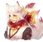  alternate_color alternate_costume alternate_eye_color alternate_hair_color animal_ears artist_name facial_mark fire_emblem fire_emblem_if fox_boy fox_ears fox_tail hasuyawn male_focus nishiki_(fire_emblem_if) open_mouth red_eyes scarf simple_background solo tail teeth upper_body white_background white_hair 