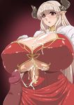  alicia_(granblue_fantasy) blush breasts censored cleavage cum cum_on_breasts curvy erect_nipples facial gigantic_breasts granblue_fantasy horns long_hair navel open_mouth penis pointy_ears red_eyes silver_hair wide_hips yukimaru_(gojo) 
