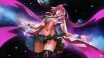  21yc_(september_breeze) artist_name belt belt_buckle black_legwear blue_hair breasts buckle dutch_angle floating_hair from_below highres large_breasts long_hair macross macross_delta mikumo_guynemer multicolored_hair navel necktie no_panties open_clothes open_mouth open_shirt purple_hair realistic red_eyes shirt skirt sleeveless solo space teeth thighhighs very_long_hair 