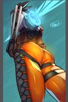  ass back bodysuit brown_hair from_ground gloves jacket orange_bodysuit overwatch pants revision ryuji_(red-truth) solo spiked_hair thighs tight tight_pants tracer_(overwatch) 