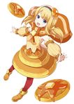  blonde_hair blue_eyes butter cape detached_sleeves food food_themed_clothes food_themed_hair_ornament full_body hair_ornament hairband huyumitsu long_hair looking_at_viewer morinaga_(brand) orange_footwear orange_skirt original outstretched_arms pancake pantyhose personification red_legwear shirt shoes skirt sleeveless sleeveless_shirt smile solo spread_arms standing striped striped_shirt twintails vertical_stripes white_background yellow_shirt 