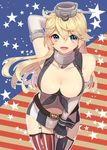  absurdres american_flag blonde_hair blue_eyes breasts cleavage clothes_writing elbow_gloves fingerless_gloves garter_straps gloves highres iowa_(kantai_collection) kantai_collection large_breasts leaning_forward long_hair miniskirt mizuki_eiru_(akagi_kurage) skirt solo thighhighs zettai_ryouiki 