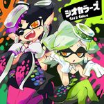  2girls ankle_boots aori_(splatoon) black_footwear black_hair boots crossed_legs detached_collar domino_mask earrings food food_on_head gloves green_legwear grey_hair hand_on_own_chin hotaru_(splatoon) jewelry kingin leg_up long_hair looking_at_viewer mask mole mole_under_eye multiple_girls object_on_head one_eye_closed open_mouth paint_splatter pantyhose parted_lips pointy_ears purple_legwear short_hair sitting smile splatoon_(series) splatoon_1 standing tentacle_hair white_gloves yellow_eyes 