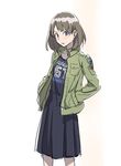  :t alternate_costume black_dress blue_eyes brown_hair casual clothes_writing dress earrings hands_in_pockets jacket jewelry kantai_collection kirusu looking_at_viewer maya_(kantai_collection) pantyhose short_hair sketch solo v-shaped_eyebrows 