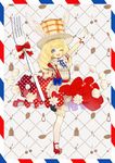  ;d apron arm_up blonde_hair bloomers blue_bow blue_eyes bow braid ekm food food_themed_clothes fork frills full_body gloves hat long_hair looking_at_viewer morinaga_(brand) one_eye_closed open_mouth original oversized_object pancake personification polka_dot_skirt red_bow red_footwear red_skirt shoes skirt smile solo standing standing_on_one_leg thighhighs underwear whipped_cream white_bloomers white_gloves white_legwear wings 