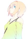  alice_margatroid bare_shoulders between_breasts blonde_hair blue_eyes breasts casual collarbone contemporary hairband long_sleeves looking_at_viewer nirap off-shoulder_shirt shirt short_hair solo strap_cleavage touhou 