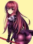  ass beeyan bodysuit breasts fate/grand_order fate_(series) highres long_hair looking_at_viewer looking_back medium_breasts polearm purple_bodysuit red_hair scathach_(fate)_(all) scathach_(fate/grand_order) simple_background skirt solo very_long_hair weapon yellow_background 