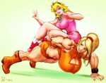  blonde_hair blue_eyes boots breasts crop_top exercise huge_breasts jed_dougherty mario_(series) metroid midriff multiple_girls muscle muscular_female ponytail princess_peach push-ups samus_aran shoes short_shorts shorts sitting sitting_on_person sleeveless super_smash_bros. thick_thighs thighs 