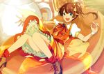  :d bad_id bad_pixiv_id bare_legs blue_eyes blueberry bow brown_footwear brown_hair food food_themed_hair_ornament food_themed_ornament frills fruit full_body hair_ornament highres long_hair looking_at_viewer morinaga_(brand) open_mouth orange_skirt original pancake personification red_bow red_legwear shoes side_ponytail sitting skirt smile socks solo strawberry tubaki-88 wrist_cuffs 