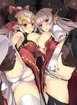  2girls alicia_(granblue_fantasy) aliza_(granblue_fantasy) black_legwear blush breast_press breasts draph dress garter_straps gloves granblue_fantasy hair_pulled_back headpiece hetero horns imminent_rape kaneru large_breasts long_hair mother_and_daughter multiple_girls nipples open_mouth panties pointy_ears ponytail pussy_peek red_dress red_eyes silver_hair smile spread_legs symmetrical_docking thighhighs underwear white_gloves white_legwear white_panties 