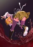  bad_id bad_pixiv_id blonde_hair boots drill_hair fingerless_gloves from_below gloves gun inneanis looking_at_viewer magical_musket mahou_shoujo_madoka_magica skirt solo striped striped_legwear thighhighs tomoe_mami vertical-striped_legwear vertical_stripes weapon yellow_eyes 