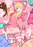  ;) animal_hood blonde_hair blue_eyes blush breasts cameltoe cat cat_hood commentary_request dead_or_alive dead_or_alive_5 full_body hair_over_shoulder hood hoodie jumping long_hair low_twintails marie_rose nishisan_(mikurosu) no_pants no_shoes one_eye_closed panties paw_pose pink_legwear pink_panties skindentation small_breasts smile solo striped striped_panties twintails underwear 