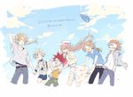  aizen_kunitoshi backpack bag baseball_cap blonde_hair blue_eyes brown_hair closed_eyes contemporary crossdressing gokotai gotou_toushirou hair_over_one_eye hands_in_pockets hat hat_removed headwear_removed holding_hands kamekichi kota_uro male_focus midare_toushirou multiple_boys open_mouth otoko_no_ko ponytail red_hair shirt shishiou shorts skirt skirt_hold t-shirt touken_ranbu translation_request turtle urashima_kotetsu wavy_mouth white_hair wind yellow_eyes 