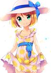  bare_shoulders blonde_hair blue_bow blue_eyes blue_ribbon blush bow breasts cleavage collarbone cowboy_shot dress food food_print food_themed_clothes fruit hair_ornament hairclip hat hat_bow head_tilt ikari_(aor3507) kagamine_rin lemon looking_at_viewer off-shoulder_dress off_shoulder polka_dot polka_dot_dress ribbon short_hair simple_background skirt_basket skirt_hold small_breasts smile solo sun_hat sundress tareme vocaloid white_background white_hat 