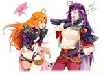  2girls ahoge angry blush cape circlet cosplay costume_switch covering headband korean laughing legband lina_inverse looking_at_another multiple_girls naga_the_serpent open_mouth orange_hair pauldrons purple_hair revealing_clothes shoulder_pads slayers translation_request white_background 