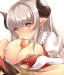  1girl alicia_(granblue_fantasy) bangs blunt_bangs blush breasts censored cross cross_earrings draph earrings eyebrows eyebrows_visible_through_hair fellatio gloves granblue_fantasy heart heart-shaped_pupils hetero horns jewelry large_breasts long_hair male_pubic_hair mosaic_censoring nipples oral paizuri penis pointy_ears pubic_hair puffy_short_sleeves puffy_sleeves red_eyes short_sleeves silver_hair solo_focus symbol-shaped_pupils upper_body white_gloves yasu_(yossy) 