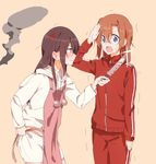  adjusting_clothes alternate_hairstyle anger_vein apron black_hair blush glint hair_down hickey holding holding_knife hood hoodie jacket kitchen_knife knife kotarou_(rakugaki_shirushi) kousaka_honoka long_sleeves love_live! love_live!_school_idol_project multiple_girls nose_blush one_side_up orange_background orange_hair pants profile red_eyes salute scared shorts simple_background smoke sweatdrop tears track_jacket track_pants trembling wavy_mouth yazawa_nico yuri 