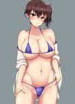  alternate_costume ass_visible_through_thighs bangs bikini blue_bikini blush breasts brown_hair cleavage closed_mouth collarbone cowboy_shot eyebrows eyebrows_visible_through_hair groin hair_between_eyes halterneck head_tilt kaga_(kantai_collection) kantai_collection kurokku large_breasts long_hair looking_at_viewer micro_bikini navel off_shoulder side_ponytail simple_background skindentation solo stomach sweat swimsuit yellow_eyes 