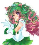  animal_ears artist_name bishoujo_senshi_sailor_moon borrowed_character cat_ears choker cosplay cowboy_shot curly_hair dress drill_hair elbow_gloves eyelashes facial_mark female final_fantasy final_fantasy_xiv gloves green_hair grin hair_bobbles hair_ornament high_ponytail jewelry long_hair looking_at_viewer minidress miniskirt miqo&#039;te miqo'te multicolored_eyes multicolored_hair original pleated_skirt ponytail purple_eyes purple_hair ruri_valeth_(nihil242) sailor_jupiter sailor_jupiter_(cosplay) signature simple_background skirt slit_pupils solo star straight_hair tiara tinyqote tsuki_ni_kawatte_oshioki_yo uniform white_background wink 