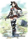  agnes_oblige alternate_costume armor artist_request black_eyes bravely_default:_flying_fairy bravely_default_(series) brown_hair carrying full_body gloves long_hair long_sword outdoors puffy_pants shield solo standing sword trail weapon 