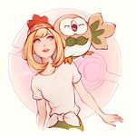  :d bare_arms beanie bird blonde_hair blue_eyes cowboy_shot gen_7_pokemon hat lips lisa_buijteweg mizuki_(pokemon) on_shoulder open_mouth owl poke_ball pokemon pokemon_(creature) pokemon_(game) pokemon_on_shoulder pokemon_sm red_hat ribbon rowlet shirt short_hair short_sleeves smile spread_wings t-shirt tied_shirt white_ribbon white_shirt 