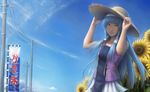  arms_up bangs banner blue_hair blue_sky blunt_bangs cloud commentary cowboy_shot day flower hair_tubes hairband hands_on_headwear hat highres jason_peng kannagi kooribata long_hair looking_at_viewer nagi nobori outdoors pleated_skirt power_lines purple_eyes realistic shaded_face skirt sky solo sun_hat sunflower telephone_pole utility_pole watermark web_address white_skirt 