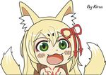  :3 :d animal_ear_fluff animal_ears artist_name bare_shoulders blonde_hair blush blush_stickers chibi commentary dot_nose english english_commentary eyebrows_visible_through_hair eyeliner fangs fox_ears fox_girl fox_tail green_eyes gyate_gyate hair_ornament highres kiros kitsune long_hair makeup meme mon-musu_quest! monster_girl multiple_tails older open_mouth simple_background smile solo tail tamamo_(mon-musu_quest!) tattoo two_tails upper_body white_background 