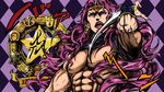  abs argyle argyle_background battle_tendency blade blue_eyes derivative_work earrings fangs fingernails headband highres horn jewelry jojo_no_kimyou_na_bouken jpeg_artifacts kars_(jojo) licking long_hair male_focus muscle pink_hair pumpkinman sharp_fingernails solo upper_body 