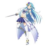  adapted_costume asuna_(sao) asuna_(sao-alo) blue_bra blue_eyes blue_hair blue_skirt boots bra elbow_gloves flower full_body gloves hair_flower hair_ornament highres holding holding_sword holding_weapon long_hair long_legs looking_at_viewer midriff navel official_art pleated_skirt pointy_ears see-through skirt smile solo sword sword_art_online sword_art_online:_code_register thigh_boots thighhighs underwear weapon white_background white_footwear white_gloves white_legwear zettai_ryouiki 