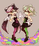  2girls ankle_boots aori_(splatoon) black_footwear black_hair boots brown_eyes detached_collar domino_mask dress earrings fangs food food_on_head full_body gloves green_legwear grey_background grey_hair hotaru_(splatoon) jewelry long_hair mask mole mole_under_eye multiple_girls namuko object_on_head one_eye_closed open_mouth pantyhose parted_lips pointy_ears purple_legwear short_dress short_hair short_jumpsuit smile splatoon_(series) splatoon_1 standing strapless strapless_dress tentacle_hair white_gloves 