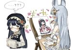  2girls ?? animal_ears black_hair blue_eyes blush bow cat_ears drawing easel elbow_gloves erune eyepatch fingerless_gloves flower gloves granblue_fantasy hair_bow hair_ornament harvin hat holding holding_pen korwa long_hair lunalu_(granblue_fantasy) multiple_girls paper pen pointy_ears silver_hair sitting sketch sketching sparkle spawnfoxy 