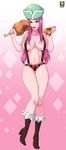  boots breasts female food full_body jewelry_bonney kyoffie large_breasts looking_at_viewer one_piece pink_hair solo standing suspenders 
