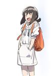  ^_^ alternate_costume backpack bag black_hair casual closed_eyes fubuki_(kantai_collection) hands_in_pockets kantai_collection kirusu open_mouth short_hair short_ponytail sketch skirt smile solo suspender_skirt suspenders 