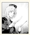  bonkara_(sokuseki_maou) commentary_request fork garrison_cap girls_und_panzer greyscale hat holding holding_fork holding_knife itsumi_erika knife kodoku_no_gourmet kuromorimine_military_uniform military military_hat military_uniform monochrome parody plate short_hair solo style_parody tsukiji_uogashi_sandaime uniform wide-eyed 