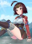  absurdres ahoge bangs beriko_(dotera_house) blush breasts brown_hair forehead_protector highres japanese_clothes koutetsujou_no_kabaneri medium_breasts mumei_(kabaneri) panties pantyshot red_eyes ribbon short_hair solo underwear 