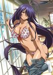  antenna_hair artist_request bangs belt black_hair bra breasts ceiling_fan cleavage collarbone floral_print frilled_bra frills front-tie_top groin hair_over_one_eye ikkitousen indoors kan'u_unchou large_breasts long_hair looking_at_viewer low-tied_long_hair navel no_shirt no_shoes one_eye_covered open_fly panties pants_down print_bra print_panties purple_hair shiny shiny_skin smile solo standing standing_on_one_leg sunlight tan unbuckled_belt unbuttoned underwear undressing very_long_hair white_legwear window window_shade wooden_floor 