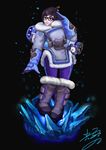  absurdres beads black_background black_hair boots brown_eyes chiming_shangbiao_zhu coat full_body glasses gloves hair_bun hair_ornament hair_stick hand_in_hair highres ice knee_boots lipstick makeup mei_(overwatch) overwatch snow_boots solo 