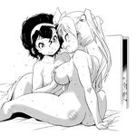  2girls amano_onsa ass bakuon!! bed bell blush branded breast_grab breasts burn_scar curly_hair door grabbing greyscale hair_bell hair_ornament hairband large_breasts long_hair monochrome multiple_boys multiple_girls nude peeping scar shimotsuki_juugo short_hair smile suzunoki_rin sweat twintails yuri 